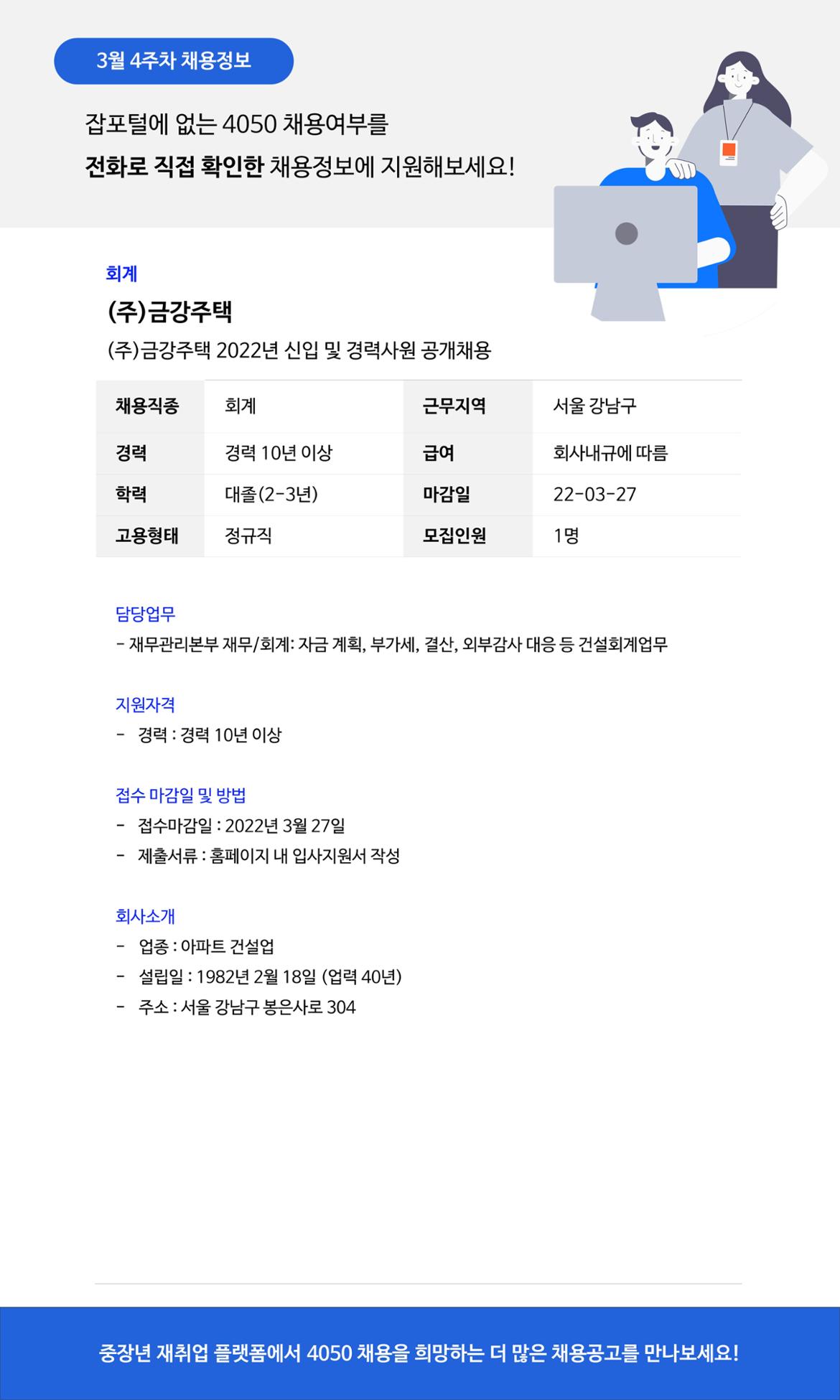 3월 4주차 채용정보
잡포털에 없는 4050 채용여부를
전화로 직접 확인한 채용정보에 지원해보세요!
회계
(주)금강주택
(주)금강주택 2022년 신입 및 경력사원 공개채용
채용직종 회계
근구지역 서울 강남구
경력 경력10년 이상
급여 회사내규에 따름
학력 대졸(2-3년)
마감일 22-03-27
고용형태 정규직
모집인원 1명
담당업무
- 재무관리본부 재무/회계:자금 계획, 부가세, 결산, 외부감사 대응 등 건설회계업무
지원자격
- 경력:경력10년 이상
접수 마감일 및 방법
- 접수마감일:2022년 3월 27일
- 제출서류:홈페이지 내 입사지원서 작성
회사소개
- 업종:아파트 건설업
- 설립일:1982년 2월 18일(업력40년)
- 주소:서울 강남구 봉은사로 304
중장년 재취업 플랫폼에서 4050 채용을 희망하는 더 많은 채용공고를 만나보세요!